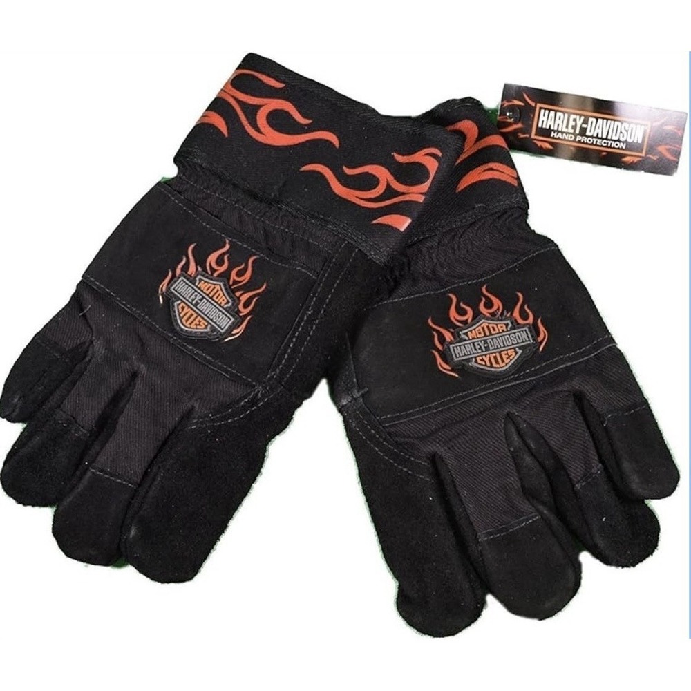 Harley Davidson Heavy Dty Leather Mens Work Gloves Orange Flame Cuff NWT